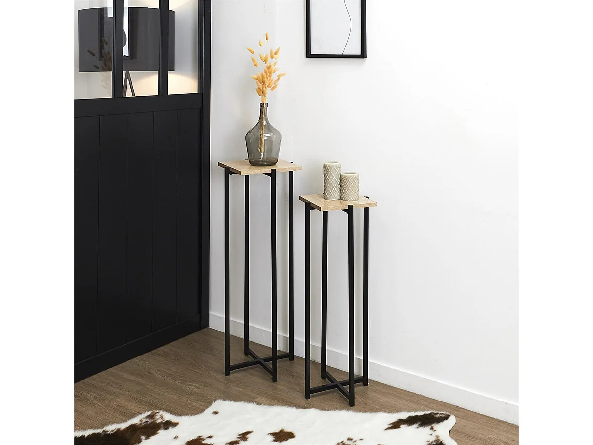 MOX - Duo de Sellettes Gigognes Industrielles Aspect Bois et Métal Noir