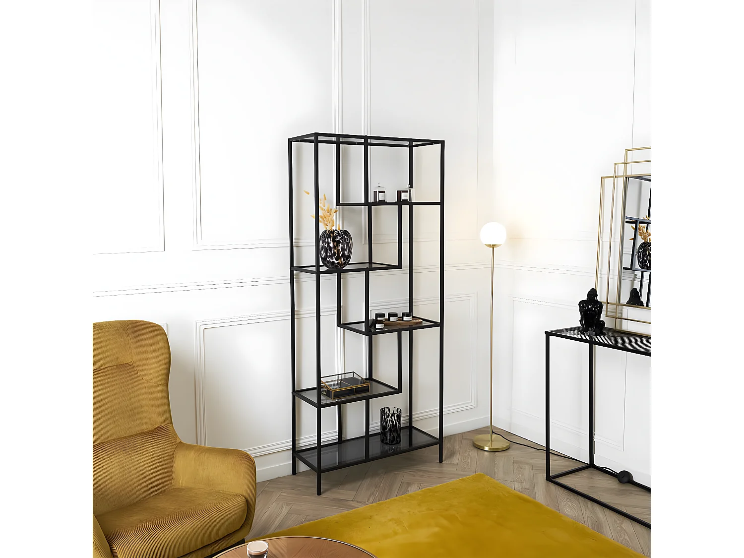 ENDIS - Etagère 6 Niveaux Verre Fumé et Métal Blanc