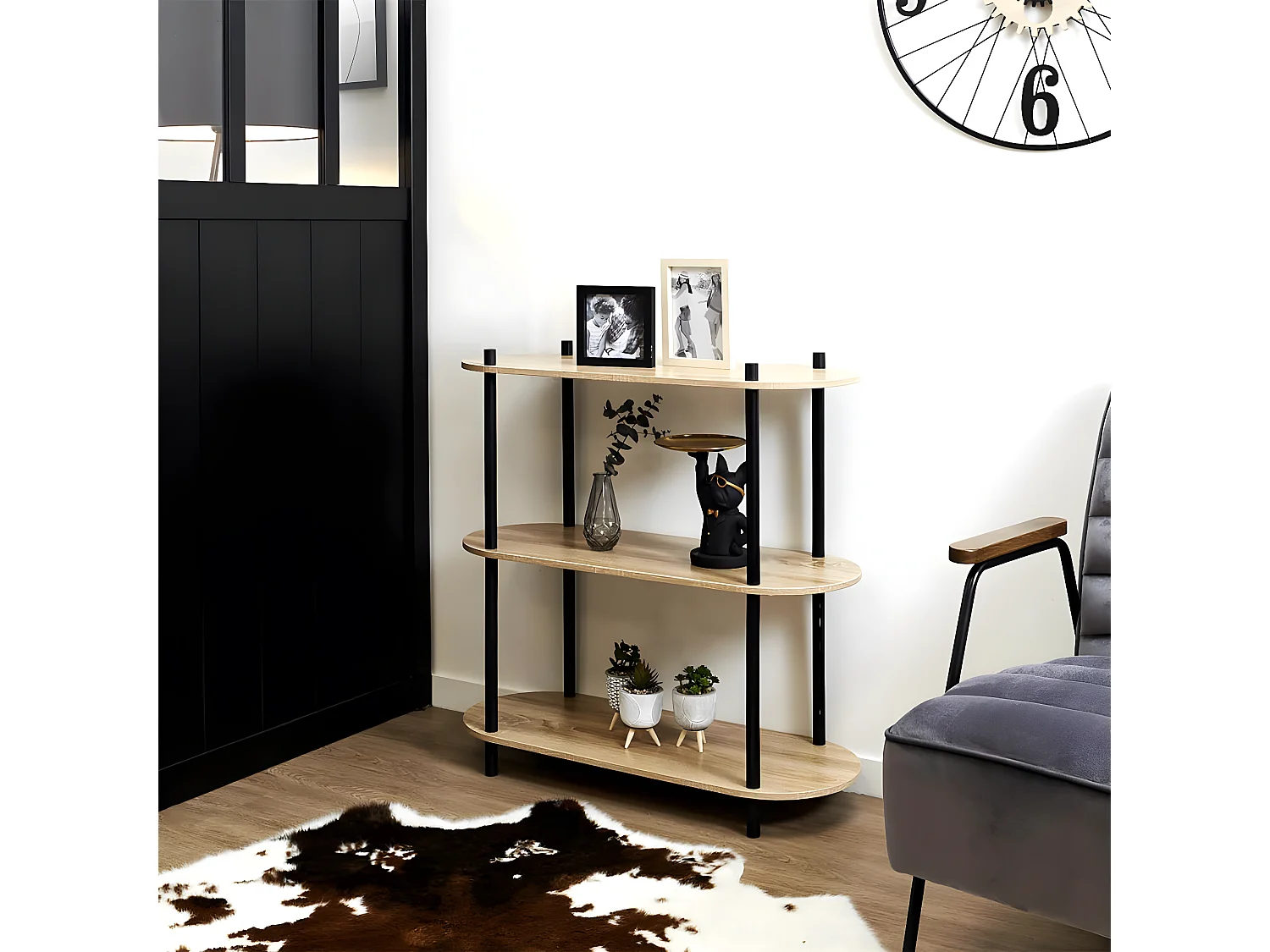 ENTAS - Etagère 3 Tablettes Ovales Aspect Bois Pieds Noirs