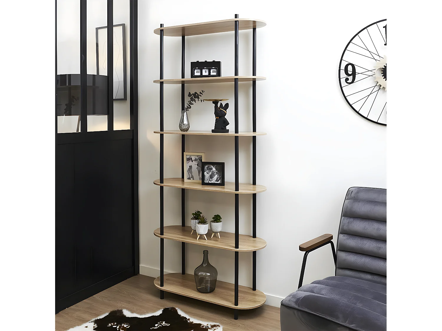 ENTAS - Etagère 6 Tablettes Ovales Aspect Bois Pieds Noirs