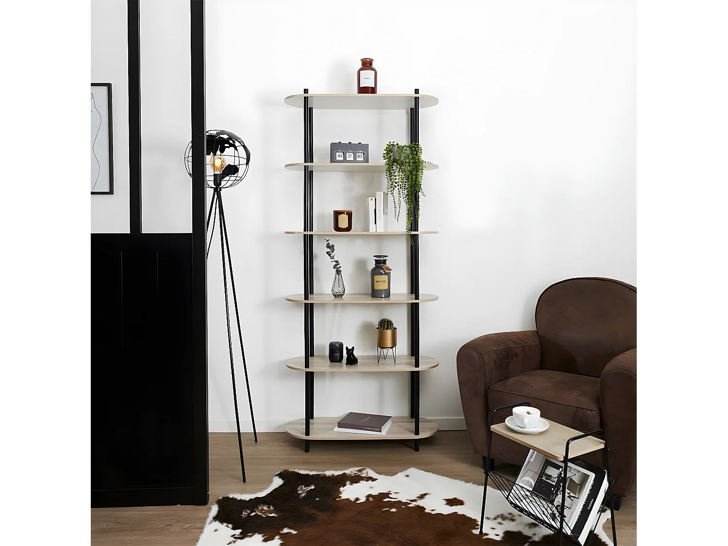 ENTAS - Etagère 6 Tablettes Ovales Aspect Bois Pieds Noirs