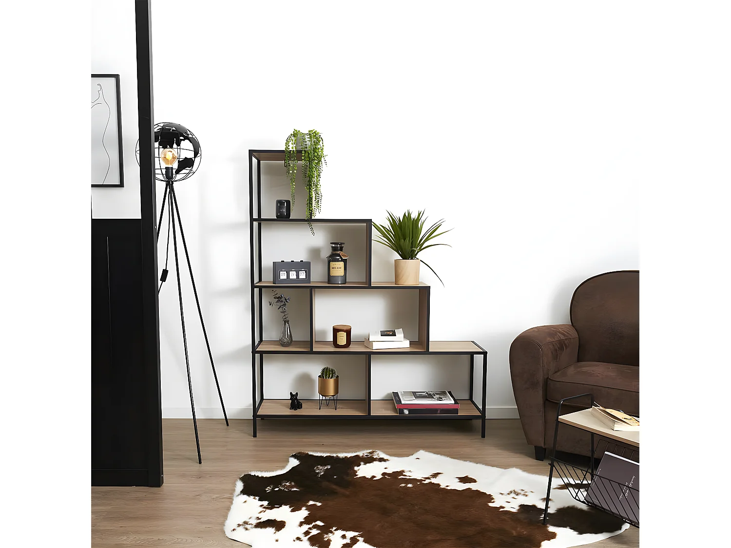 ENDIS - Etagère Escalier 5 Niveaux Aspect Bois et Métal Noir