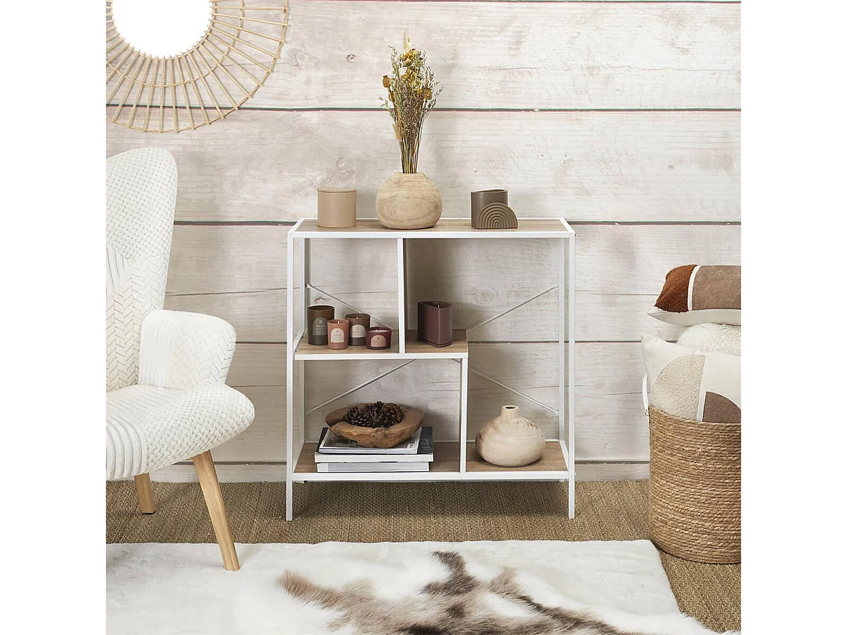 ENDIS - Etagère 3 Niveaux Aspect Bois et Métal Blanc