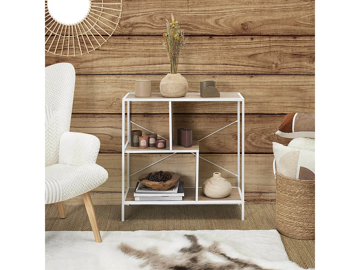 ENDIS - Etagère 3 Niveaux Aspect Bois et Métal Blanc
