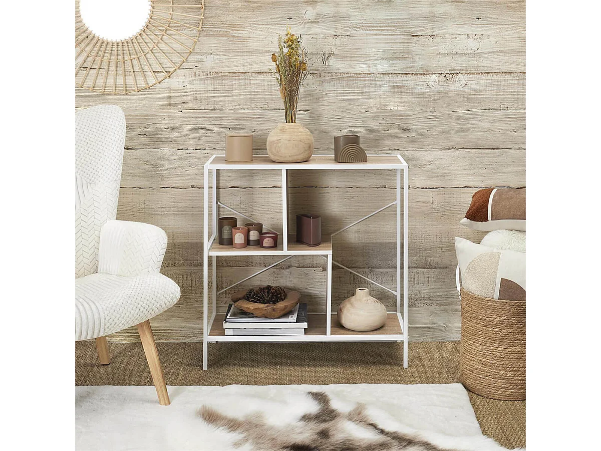 ENDIS - Etagère 3 Niveaux Aspect Bois et Métal Blanc