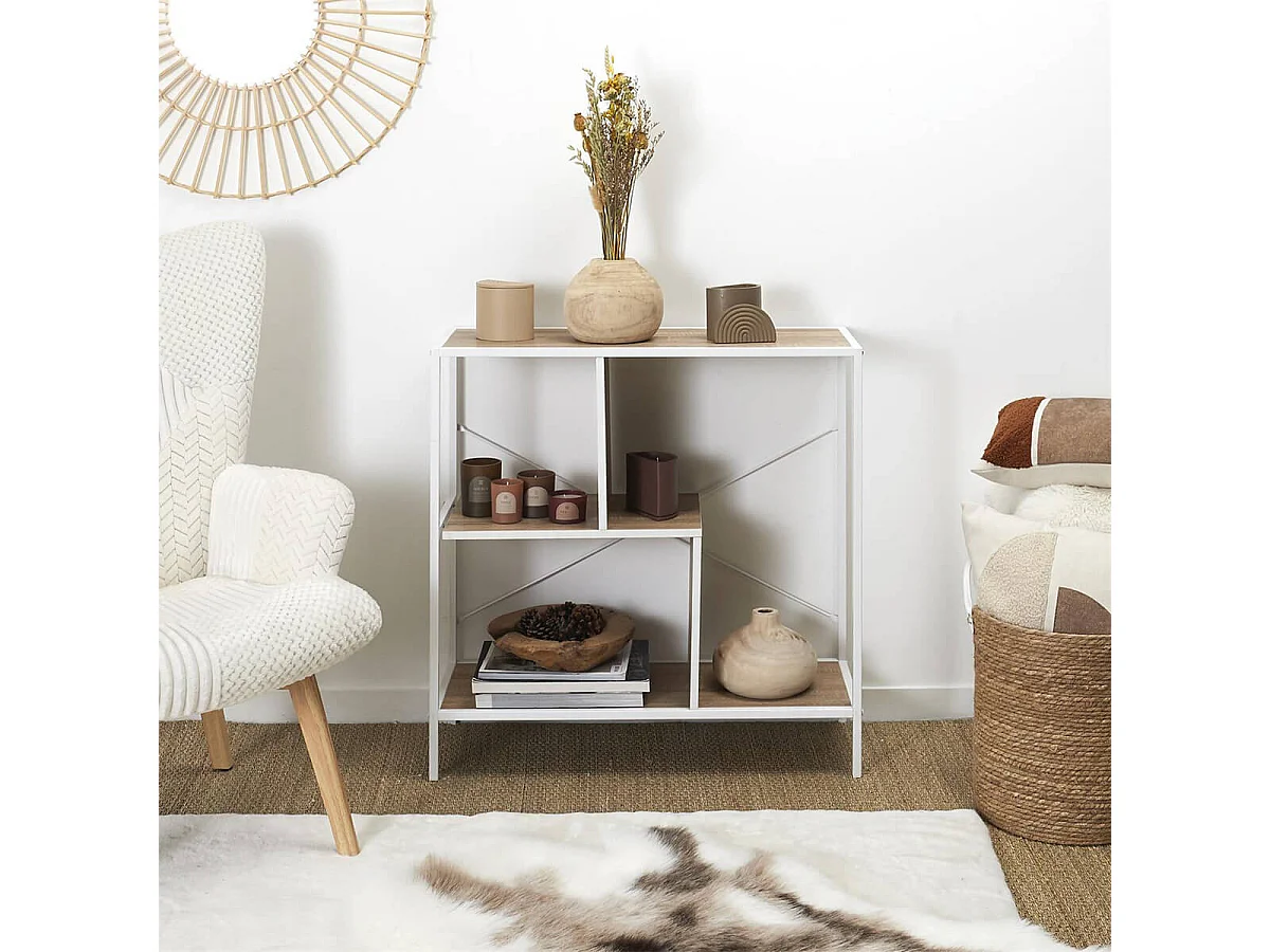 ENDIS - Etagère 3 Niveaux Aspect Bois et Métal Blanc