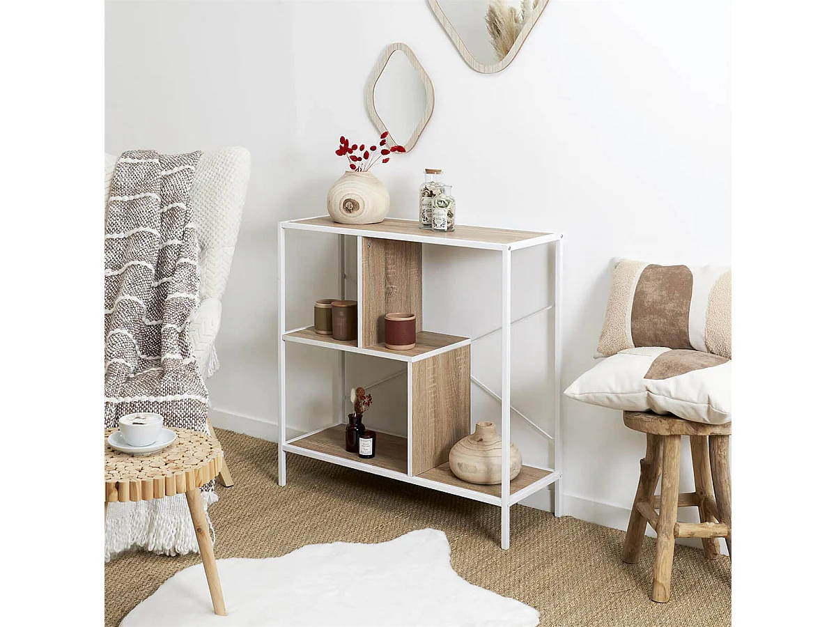 ENDIS - Etagère 3 Niveaux Aspect Bois et Métal Blanc