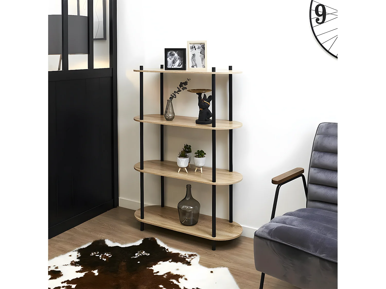 ENTAS - Etagère 4 Tablettes Ovales Aspect Bois Pieds Noirs