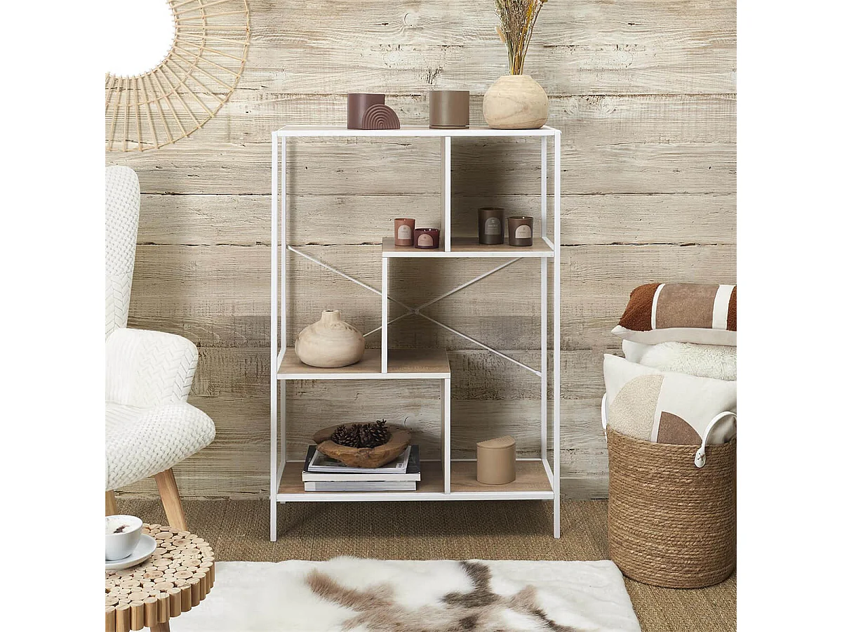 ENDIS - Etagère 4 Niveaux Aspect Bois et Métal Blanc