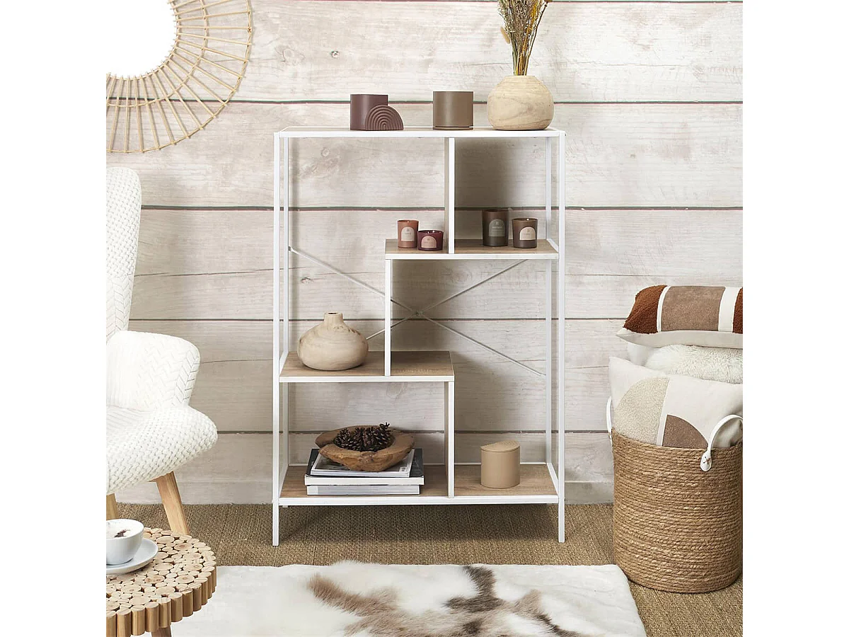 ENDIS - Etagère 4 Niveaux Aspect Bois et Métal Blanc
