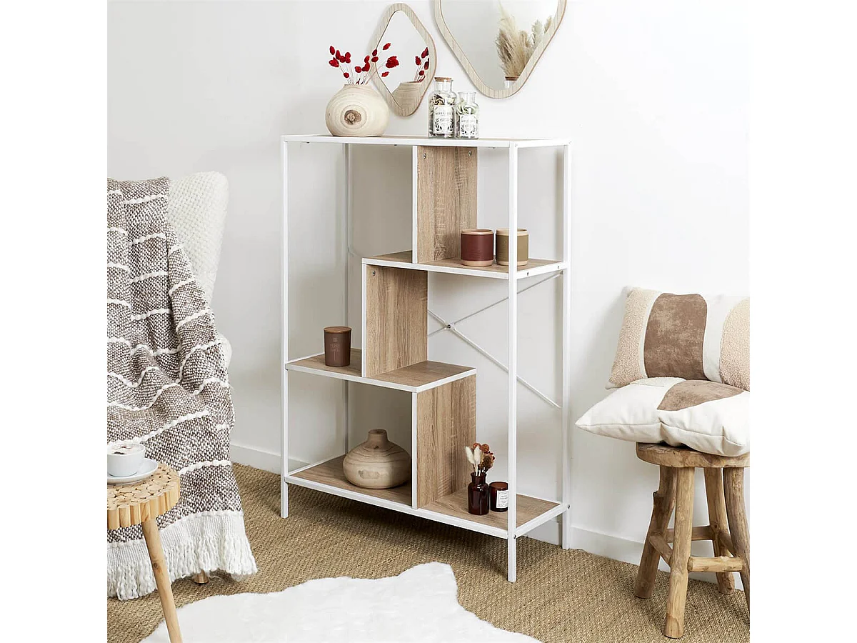 ENDIS - Etagère 4 Niveaux Aspect Bois et Métal Blanc