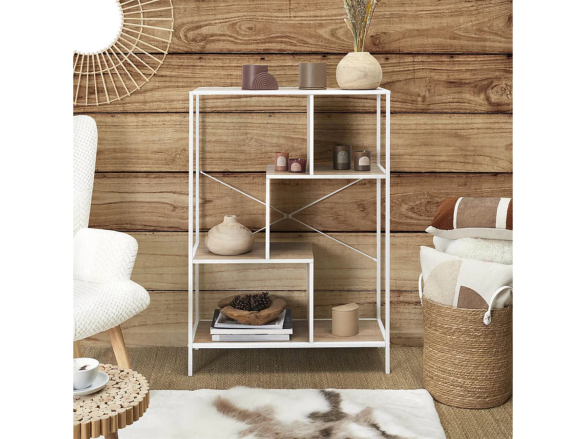 ENDIS - Etagère 4 Niveaux Aspect Bois et Métal Blanc
