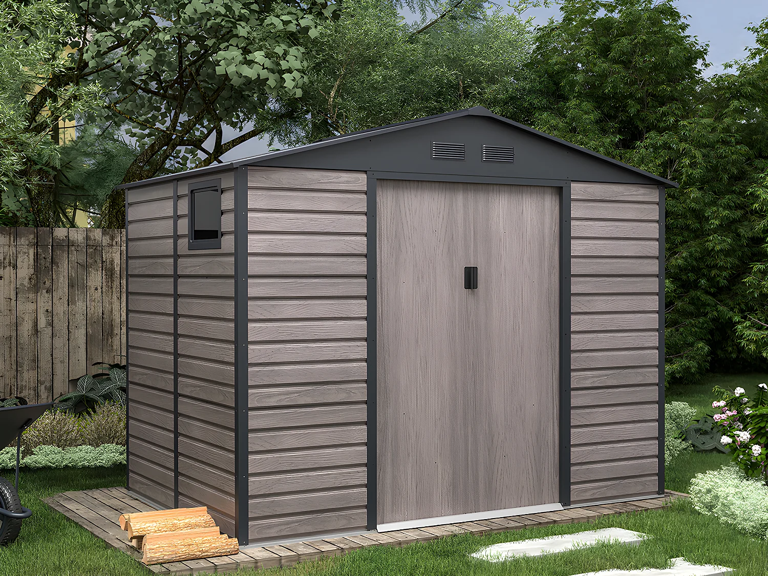 Abri de jardin métal en acier galvanisé effet bois gris 5,40 m² - ADELMO