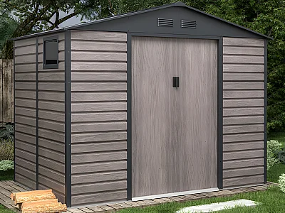 Tuinhuisje van gegalvaniseerd staal met houteffect ADELMO - Grijs - 5,40 m²