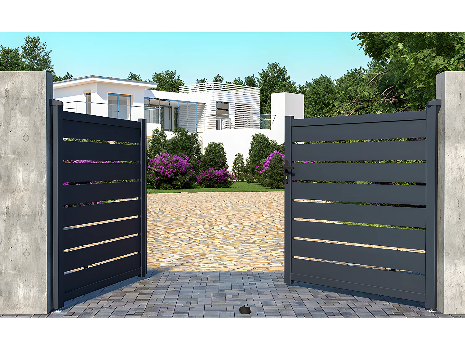 Portail battant aluminium ajouré L305 x H166 cm anthracite - PRIMO