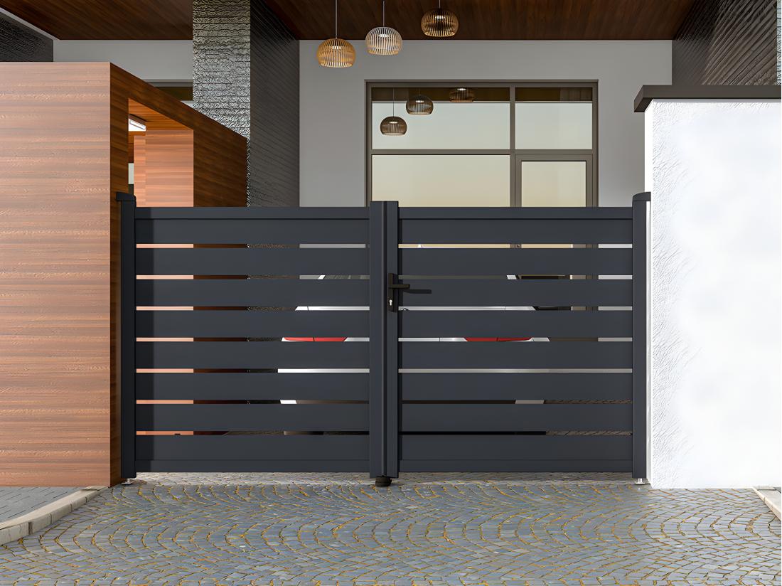 vente unique Portail battant aluminium ajouré L305 x H166 cm anthracite - PRIMO