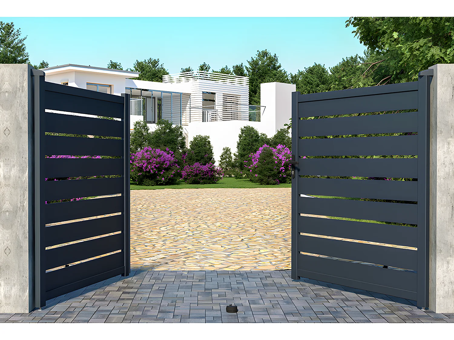 Portail battant aluminium ajouré L305 x H183 cm anthracite - PRIMO