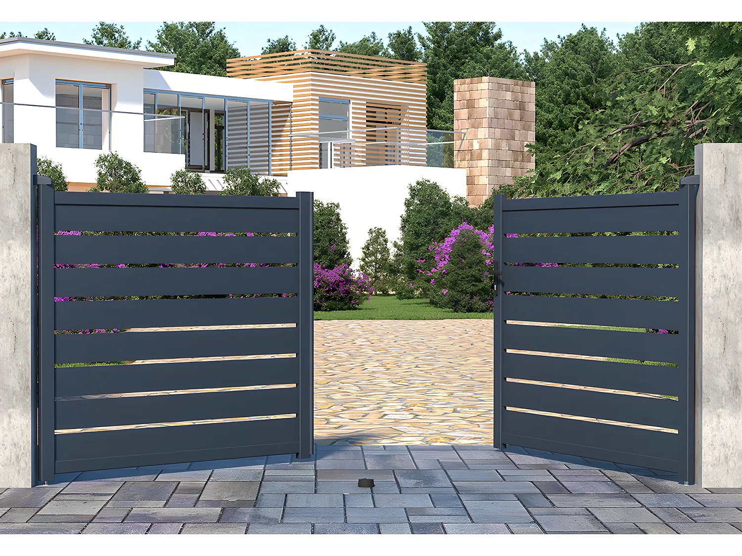 Cancello a battente traforato L350 x H158 cm in Alluminio Antracite - PRIMO