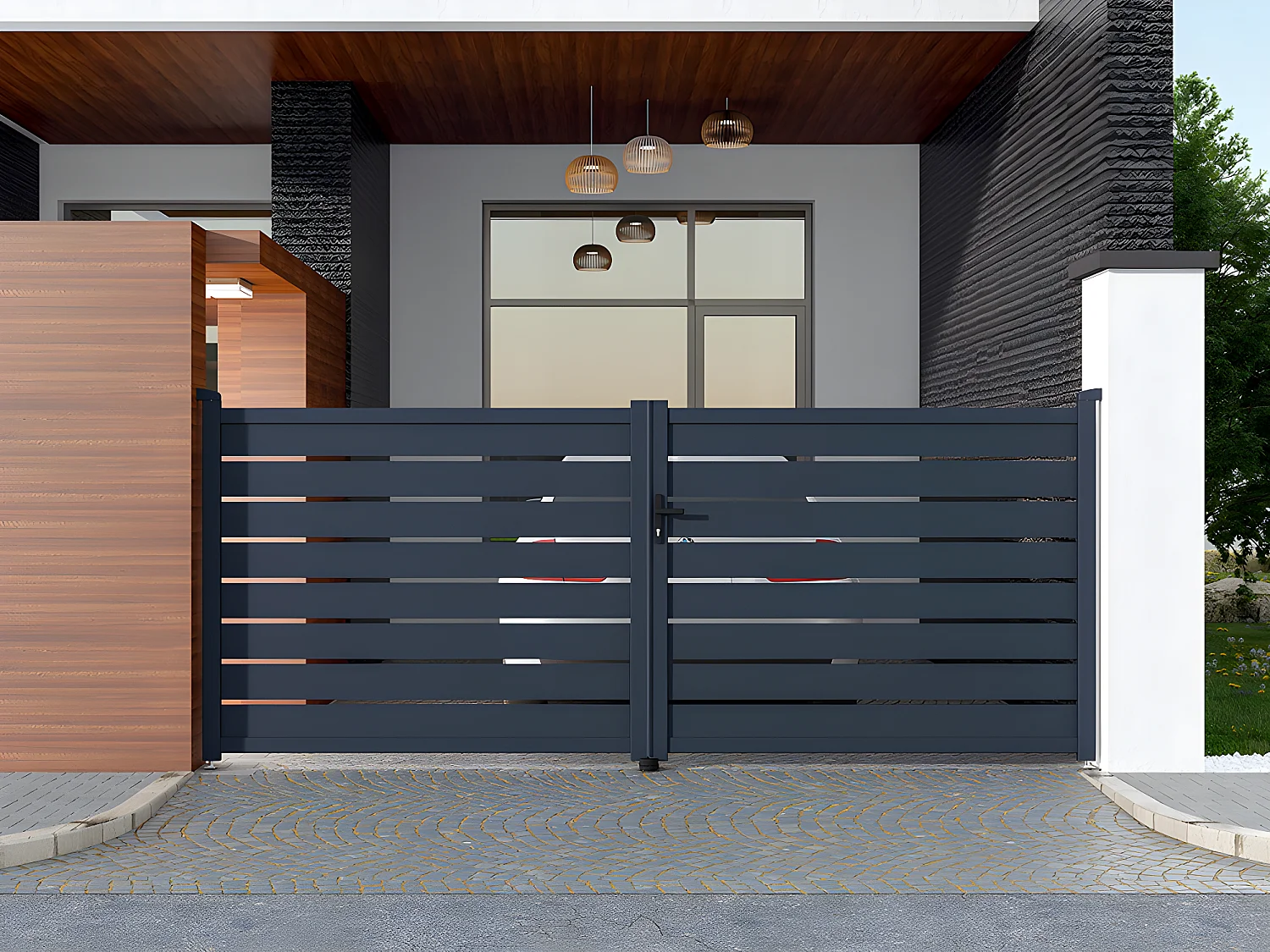 Portail battant aluminium ajouré L397 x H166 cm anthracite - PRIMO