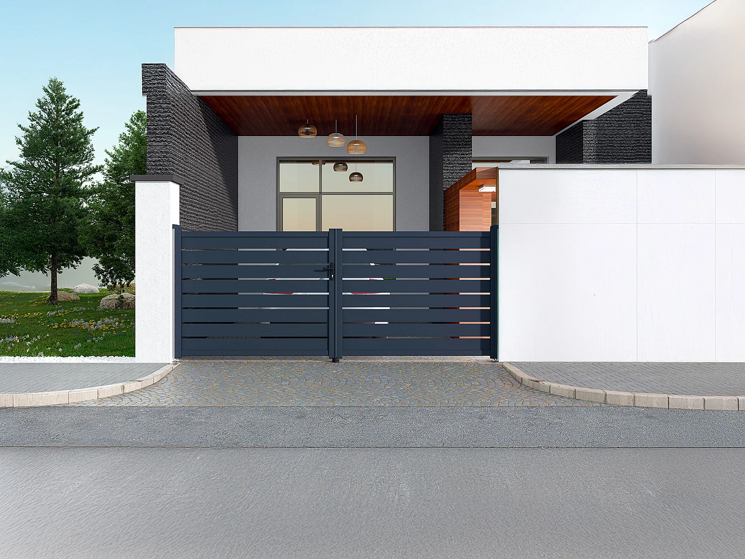 Portail battant aluminium ajouré L397 x H166 cm anthracite - PRIMO