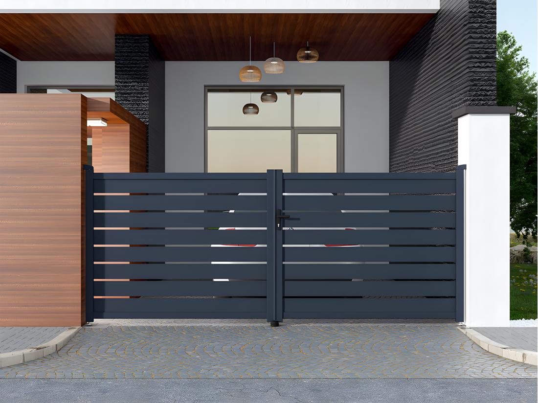 vente unique Portail battant aluminium ajouré L397 x H166 cm anthracite - PRIMO