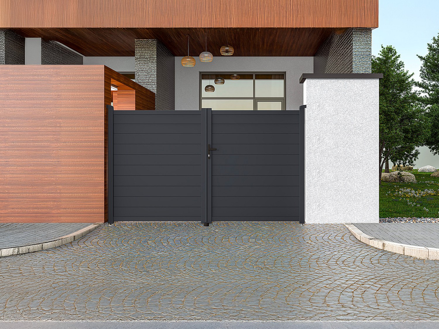 Vente-unique Gartentor Flügeltor Doppeltor - 305 X 181 Cm - Voll - Voll - Aluminium - Anthrazit - Nazario