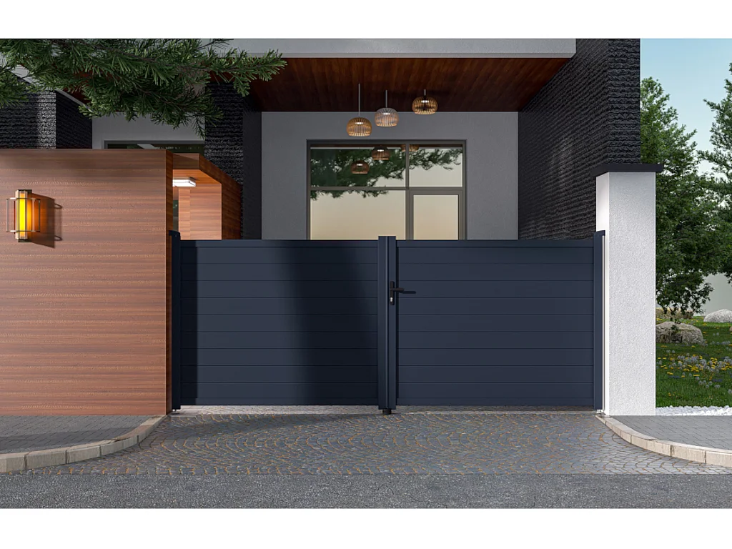 Cancello a battente L397 x H166 cm Alluminio pieno Antracite - NAZARIO