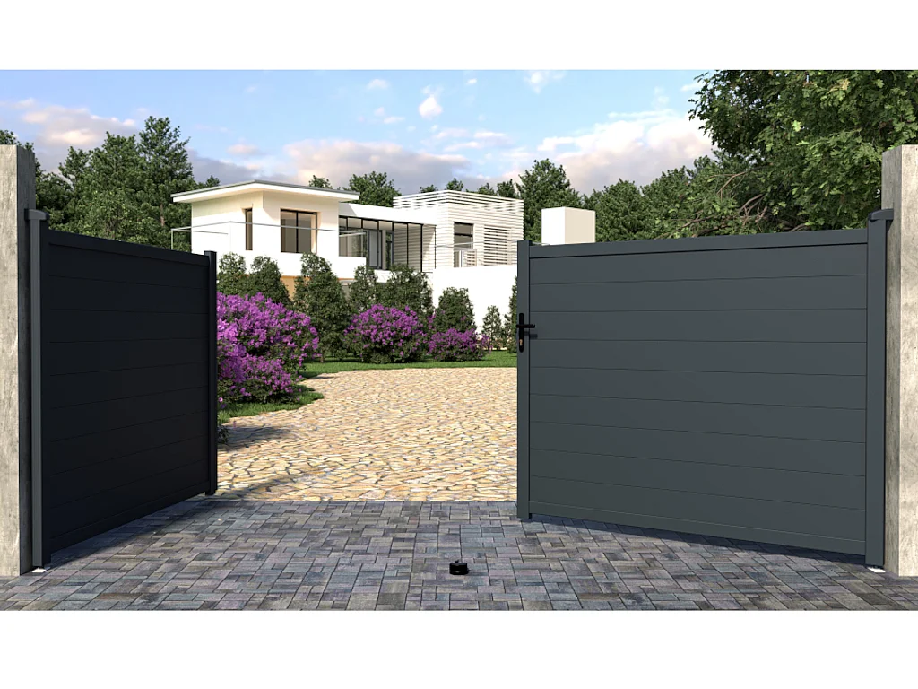 Portail battant aluminium plein L397 x H166 cm anthracite - NAZARIO