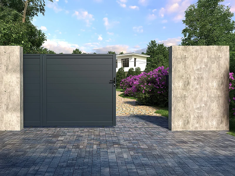 Schuifpoort van antraciet opengewerkt aluminium - L374 x 180 cm - NAZARIO