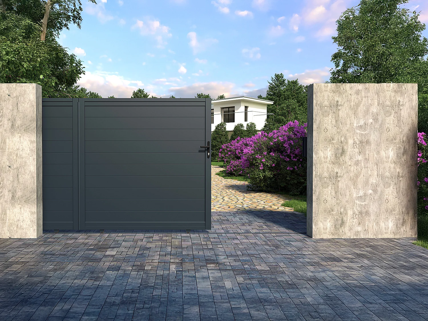 Brama wjazdowa przesuwna NAZARIO, pełna, z aluminium w kolorze antracytowym – 350 × 173 cm