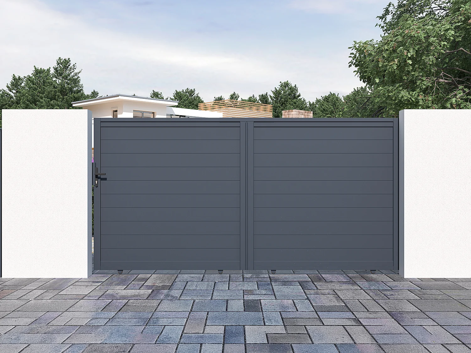 Schuifpoort van antraciet opengewerkt aluminium - L374 x 180 cm - NAZARIO