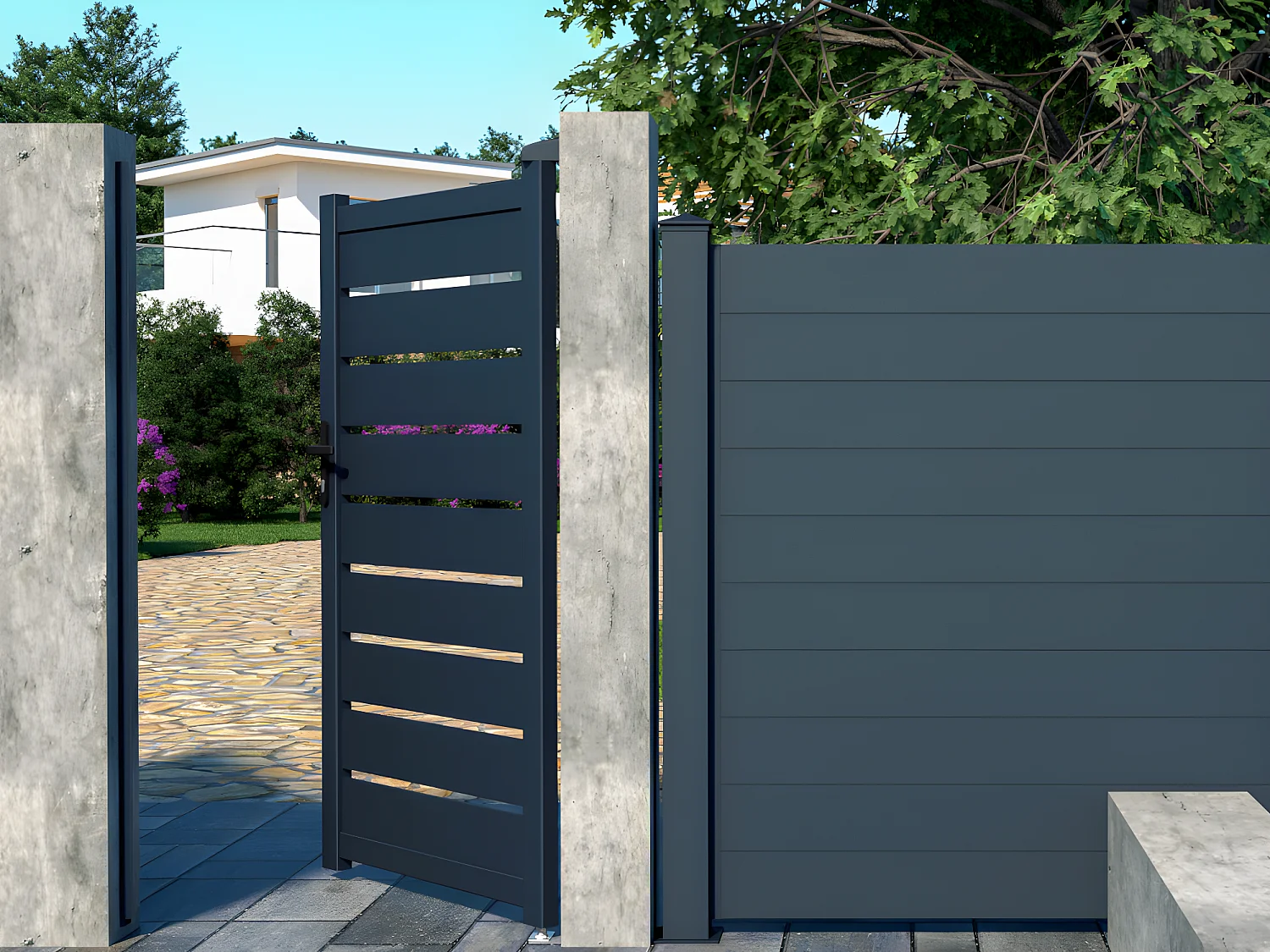 Portillon battant aluminium ajouré L103 x H183 cm anthracite - PRIMO
