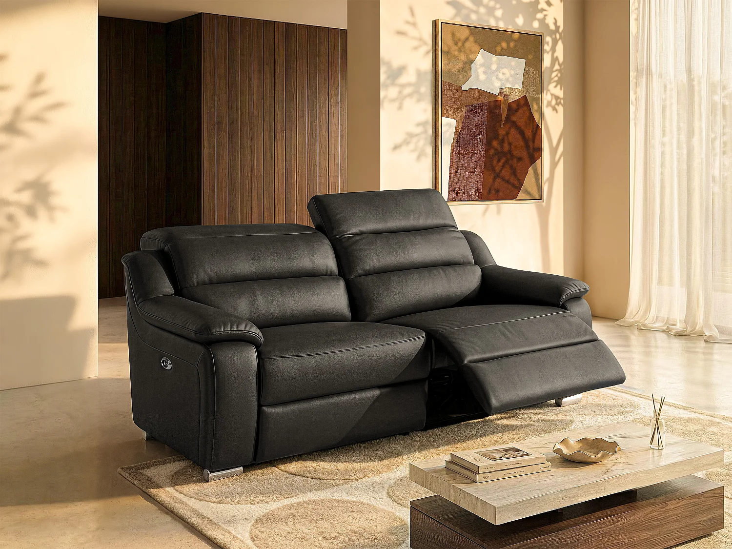 Driezits relaxbank van leer ARENA II - zwart - elektrisch