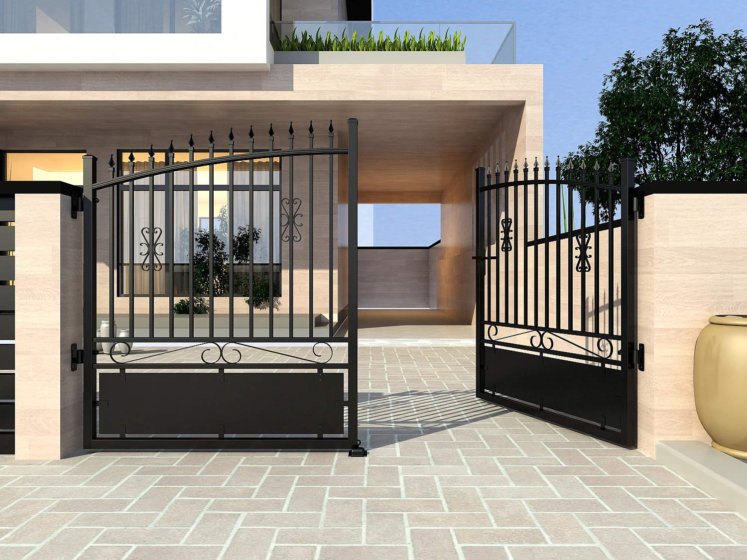 Portail battant aluminium ajouré L367 x H183 cm noir NERBIS