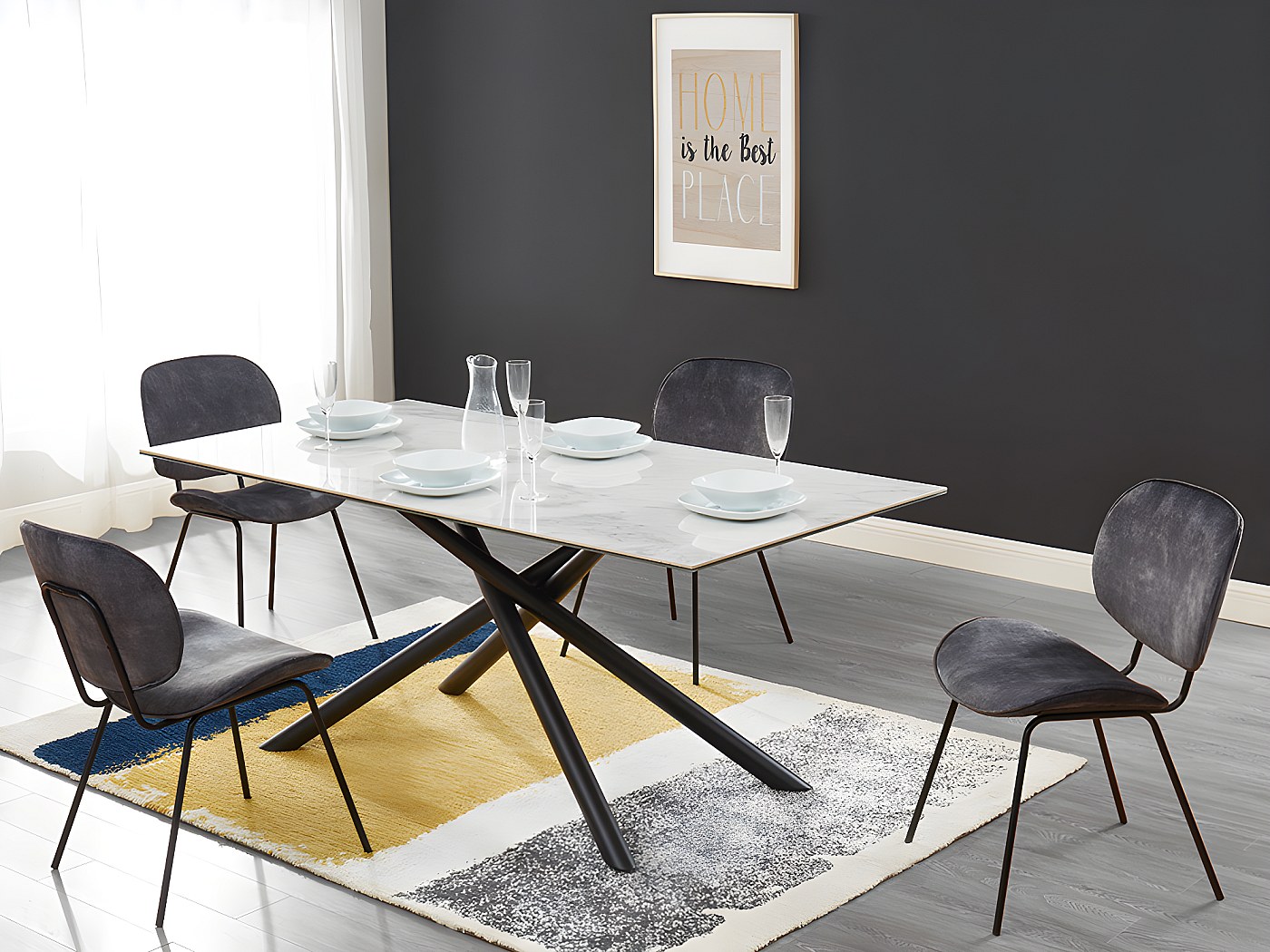 Mesa de comedor - Cerámica y cristal templado y metal negro - Efecto