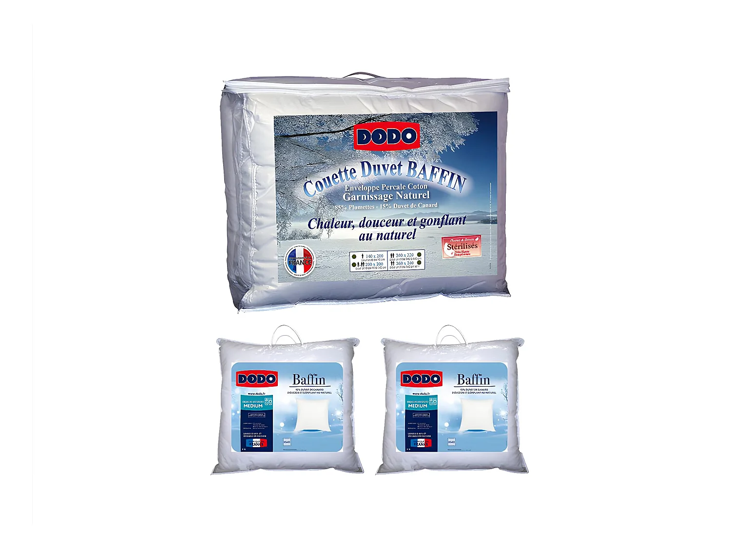 Zestaw DODO, kołdra z naturalnych materiałów 220 × 240 cm i 2 poduszki puchowe BAFFIN 65 × 65 cm