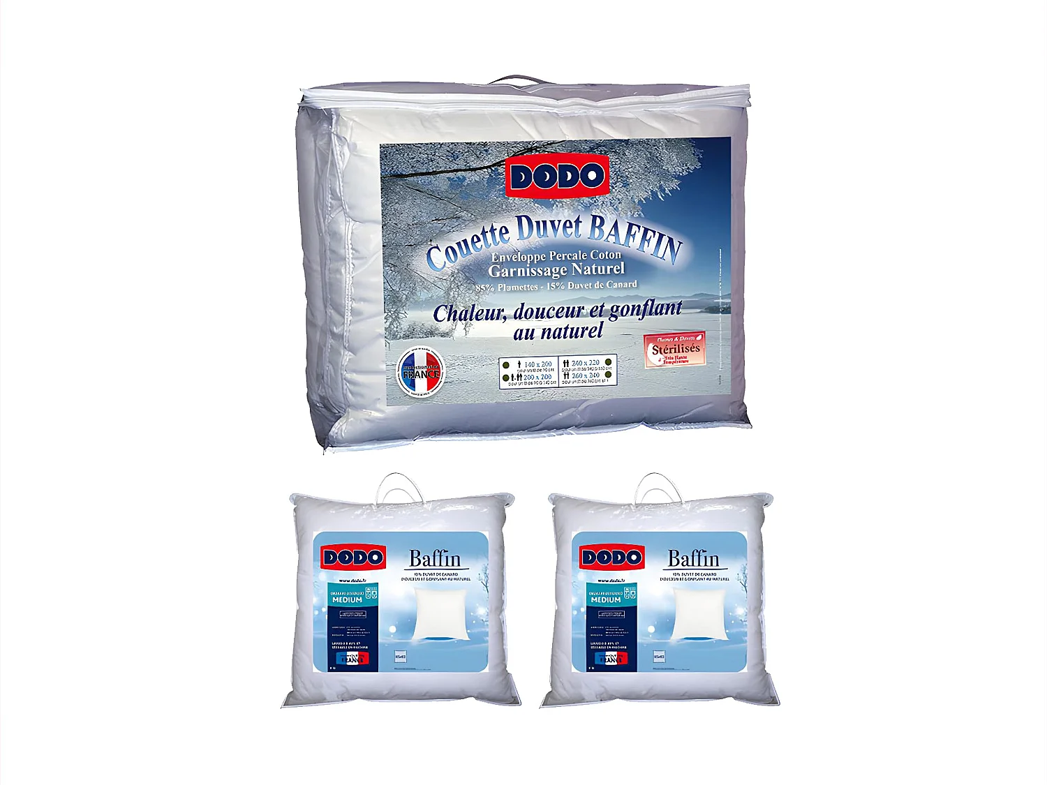 Set DODO dekbed natuurlijk 220 x 240 cm + 2 hoofdkussens dons BAFFIN 65 x 65 cm