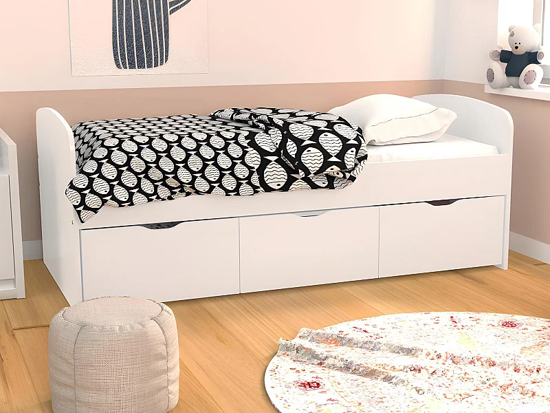 Lit LOUANE avec 2 tiroirs et 1 coffre de rangement - 90 x 190 cm -  Blanc