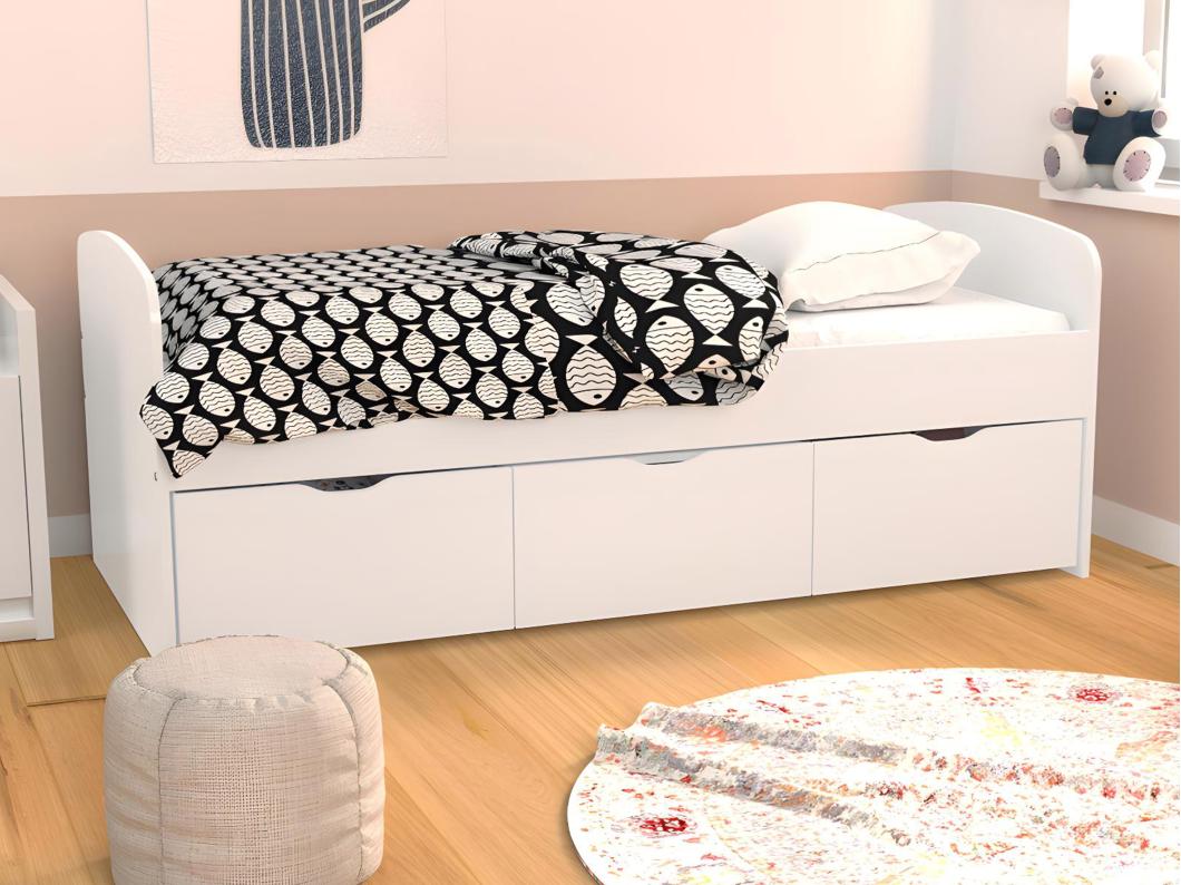 Cama LOUANE con 2 cajones y 1 arcón - 90 x 190 cm - Blanco 