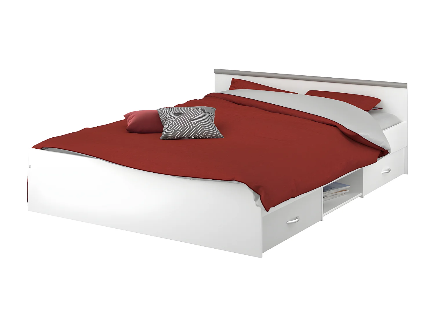 Lit avec rangements 140 x 190 cm - 2 tiroirs et 1 niche - Coloris : blanc - PABLO