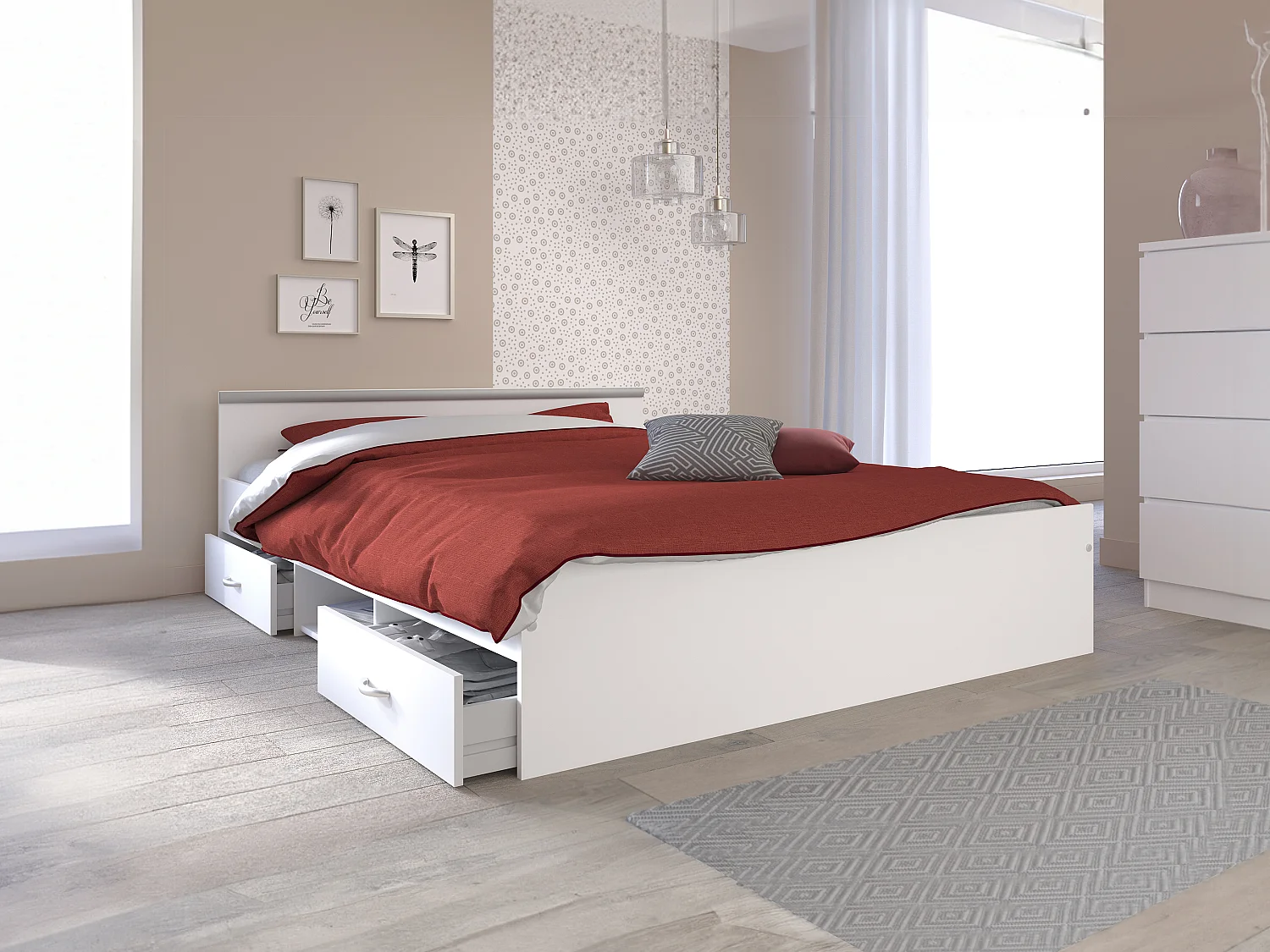 Bett mit 2 Schubladen & 1 Ablage - 140 x 190 cm - Weiß - PABLO