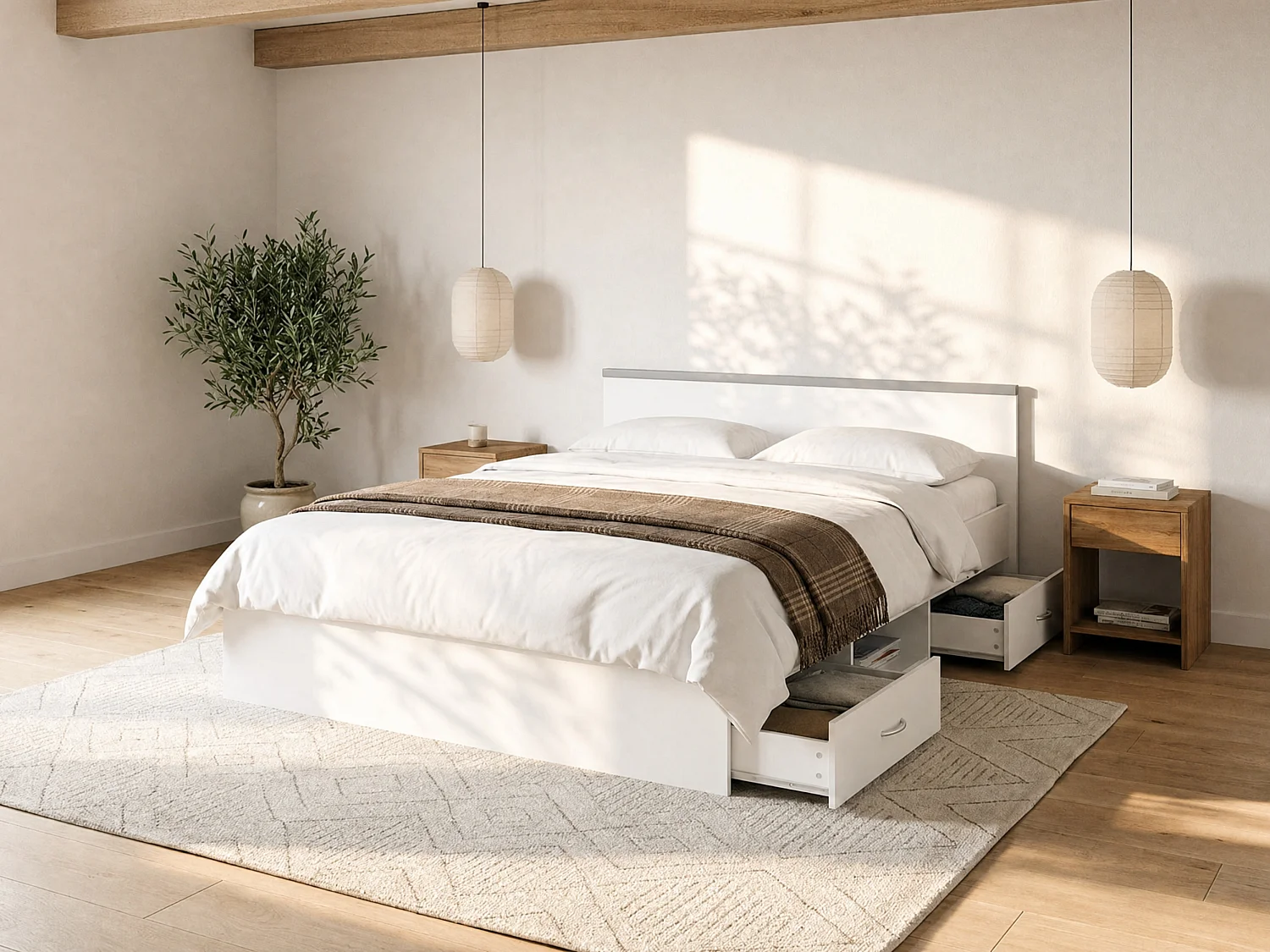 Lit avec rangements 140 x 190 cm - 2 tiroirs et 1 niche - Coloris : blanc - PABLO