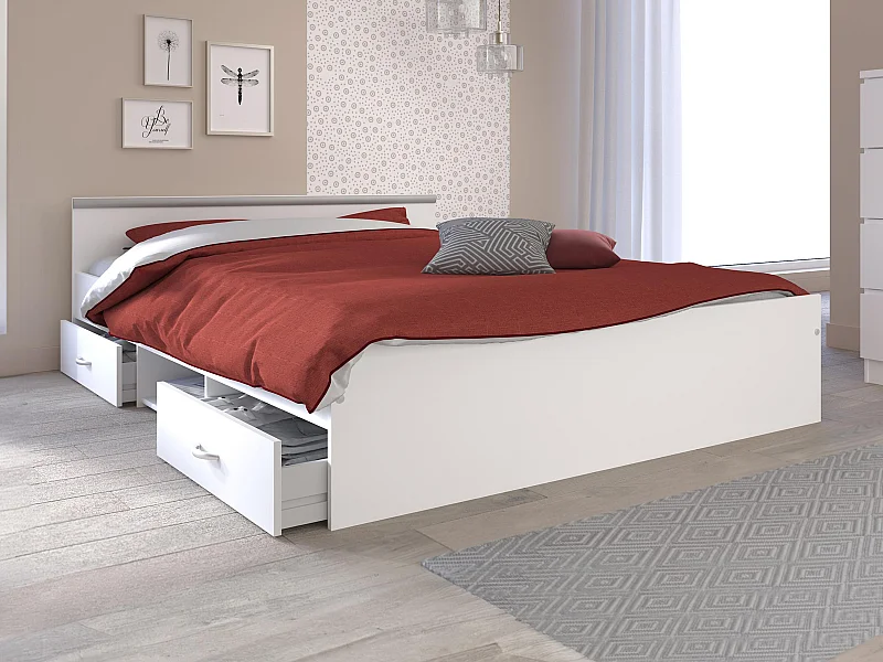Lit avec rangements 140 x 190 cm - 2 tiroirs et 1 niche - Coloris : blanc - PABLO