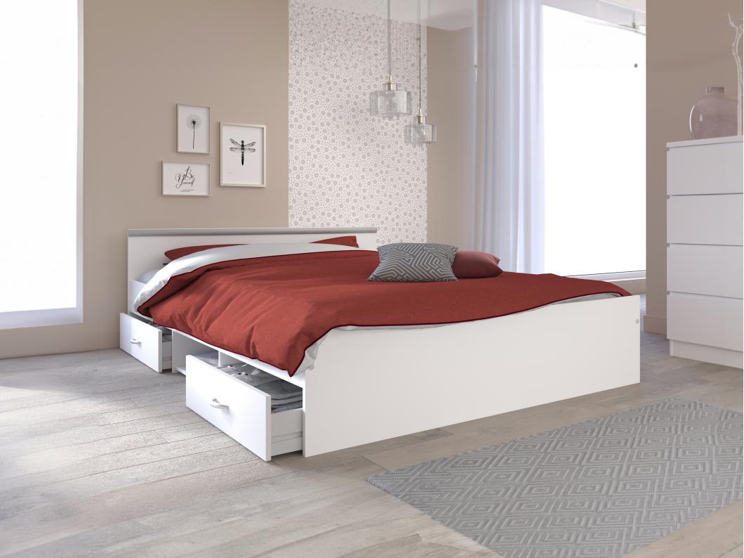Lit avec rangements 140 x 190 cm - 2 tiroirs et 1 niche - Coloris : blanc - PABLO