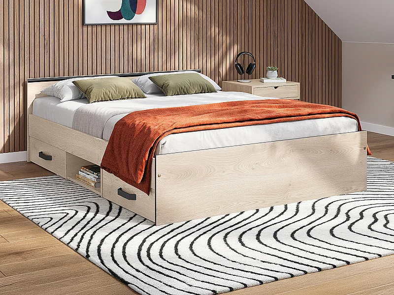 Bed met opbergruimte - 2  laden en een niche - 140 x 190 cm - Kleur: naturel - PABLO
