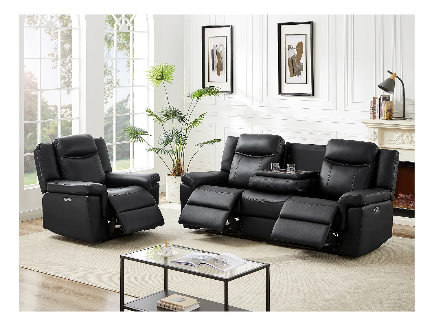 Canapé 3 places et un fauteuil relax électrique en cuir KENNETH - Noir