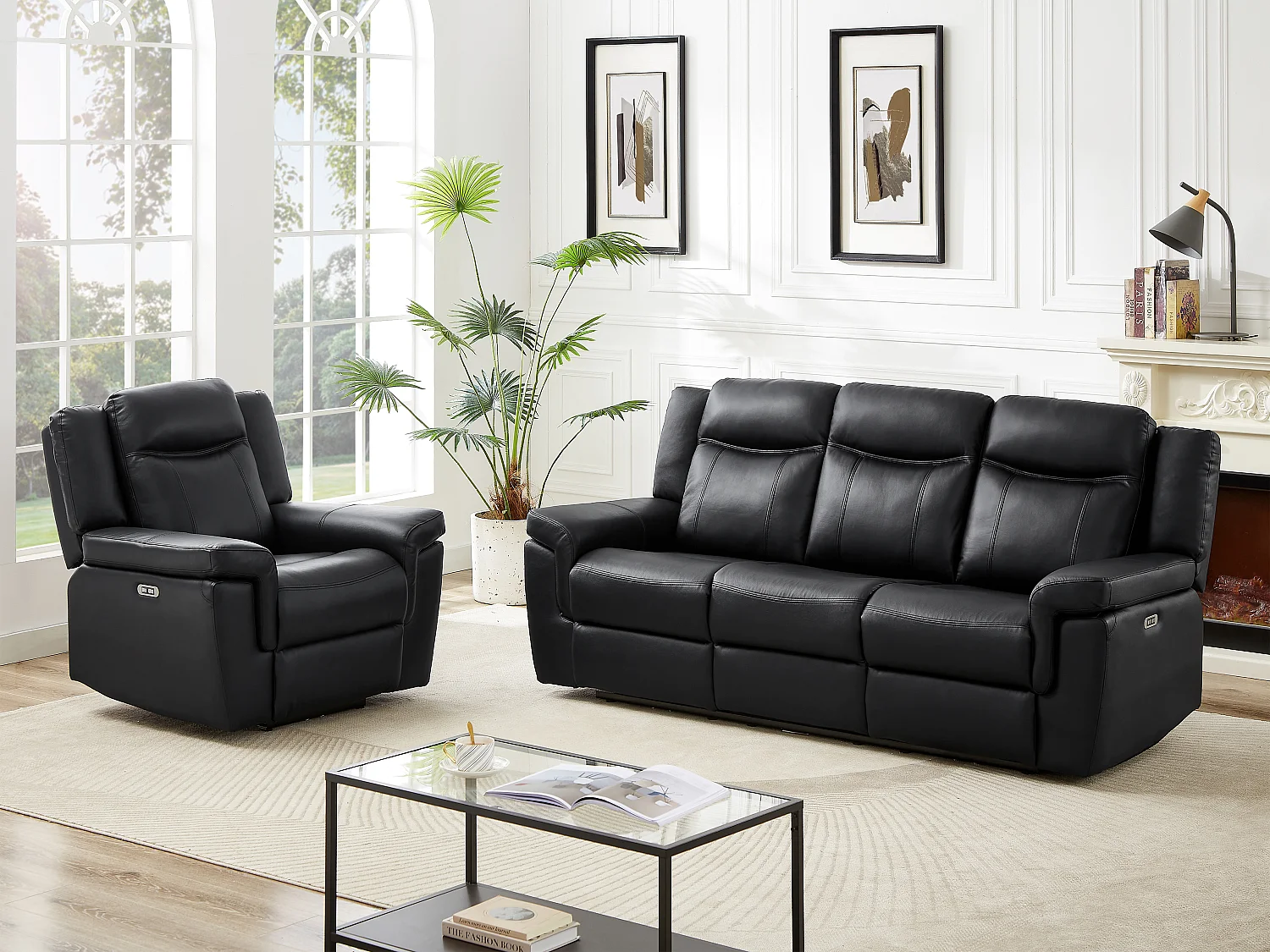 Canapé 3 places et un fauteuil relax électrique en cuir KENNETH - Noir