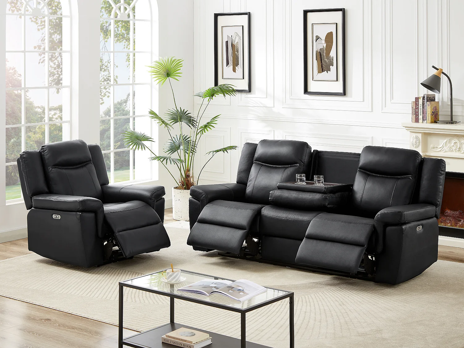 Canapé 3 places et un fauteuil relax électrique en cuir KENNETH - Noir