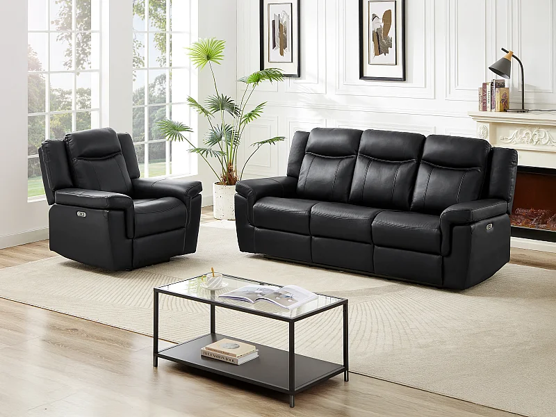 Canapé 3 places et un fauteuil relax électrique en cuir KENNETH - Noir