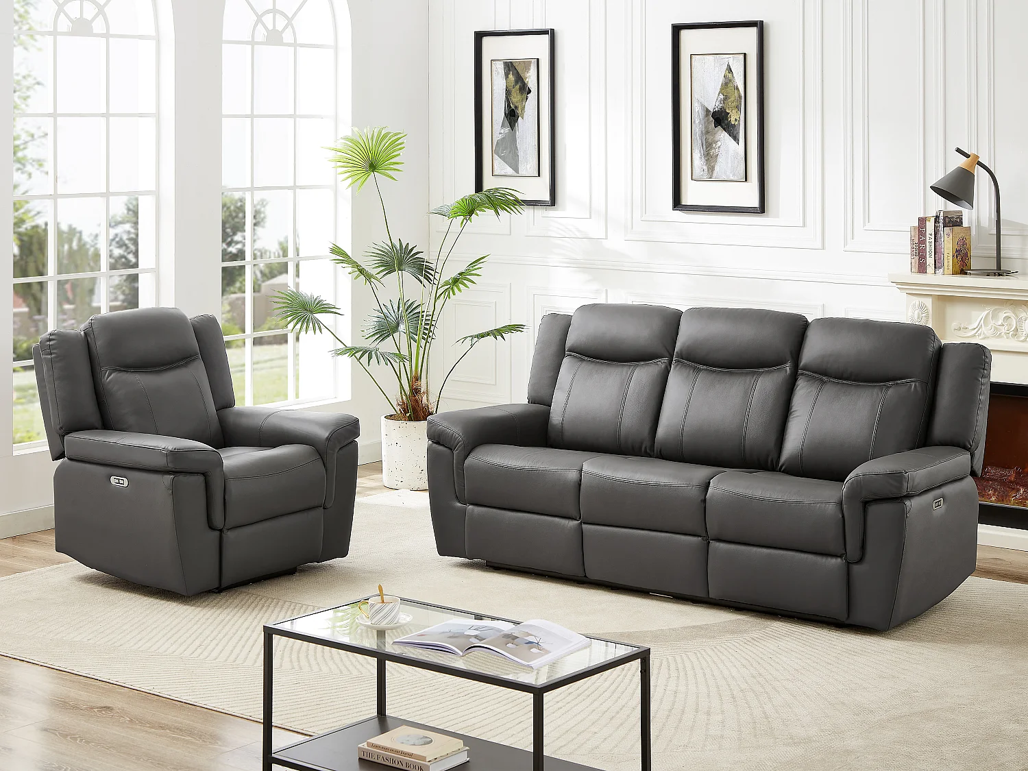 Canapé 3 places et un fauteuil relax électrique en cuir KENNETH - Gris